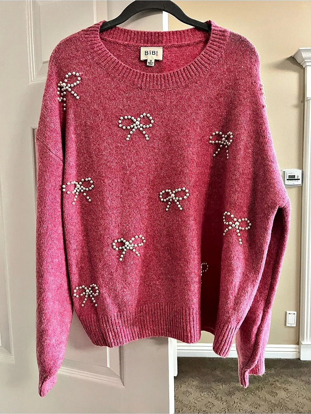 Bibi Pink Embellished Crewneck Sweater with Pearl Bows Size Medium